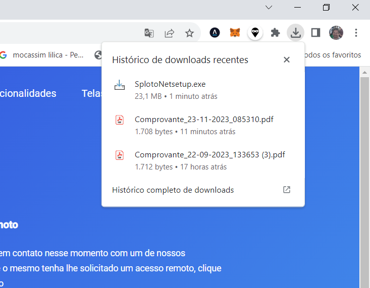 Instruções para localizar o download