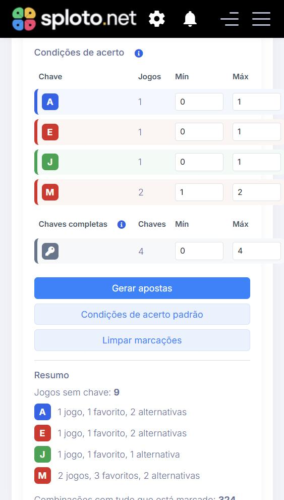Condições de acerto e resumo da aposta