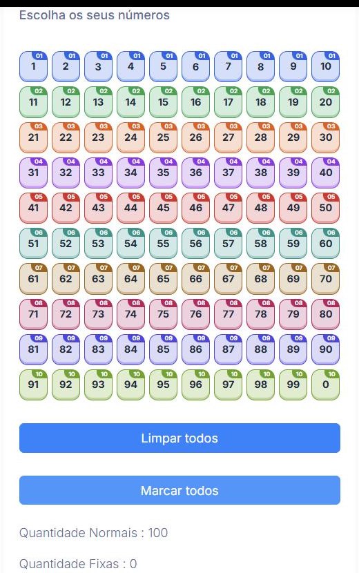 Os 100 números da Lotomania organizados em dez grupos de 10