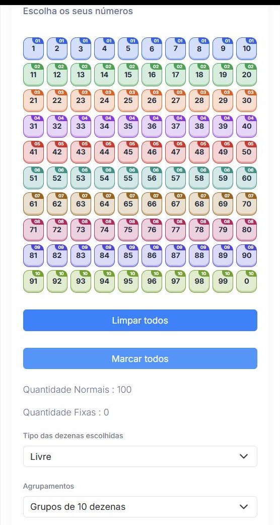 Dez grupos de 10, com cinco grupos em cada aposta de 50 números