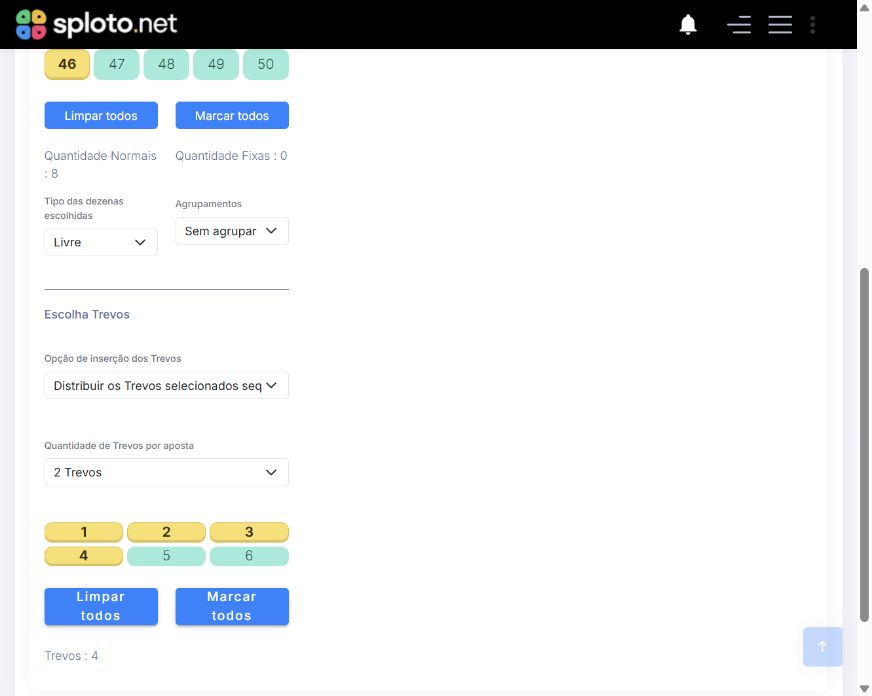 Escolha dos trevos e da quantidade por aposta