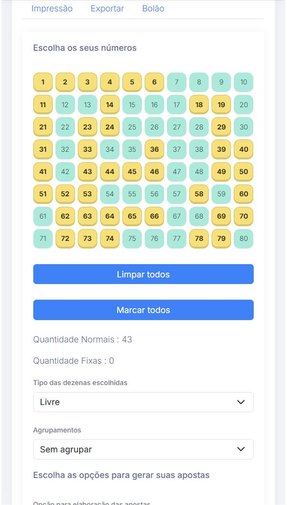 Escolha das dezenas da Quina